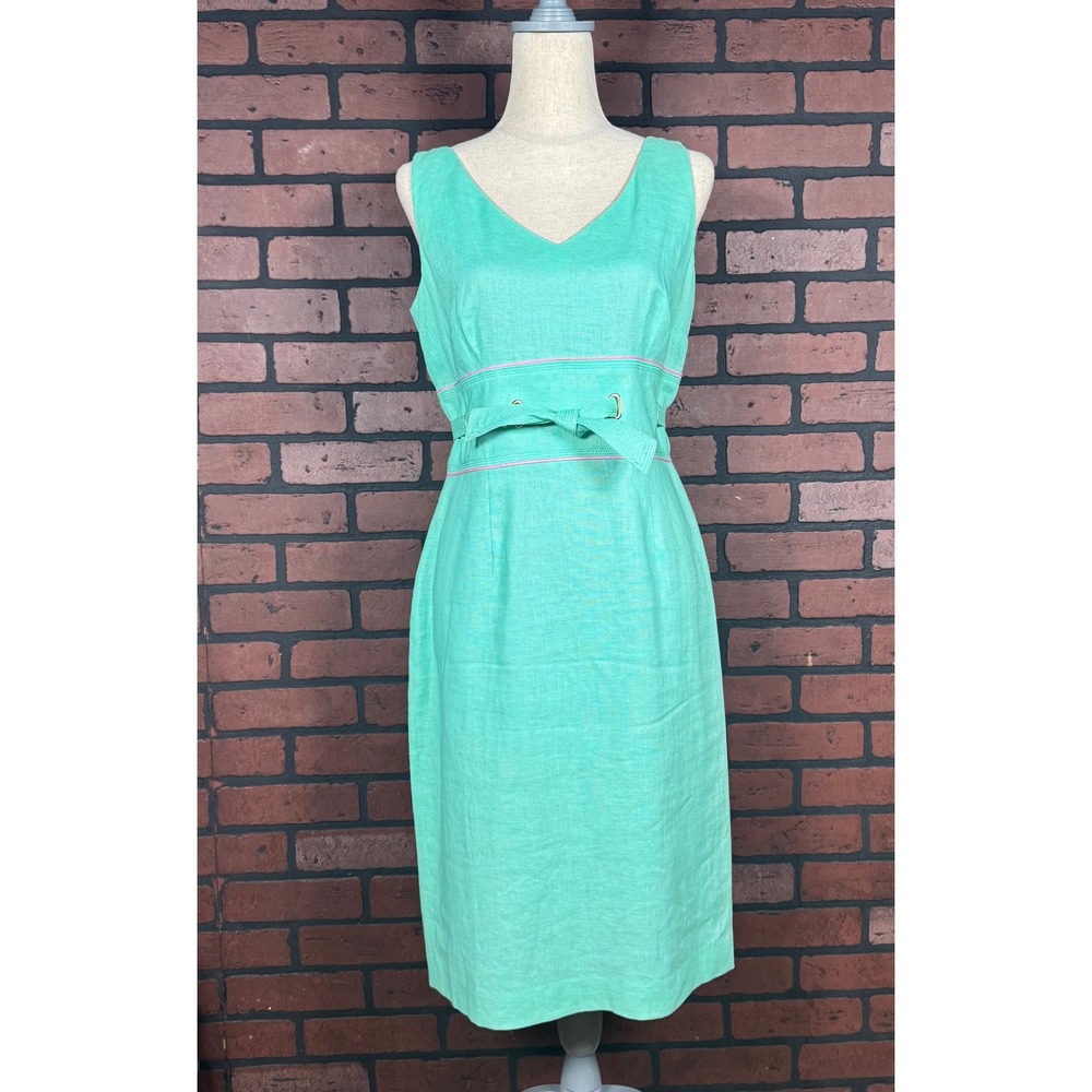 Donna Morgan Linen Mint Green V-Neck Shift Dress Coastal Cinch Womens‎ 8 Vintage